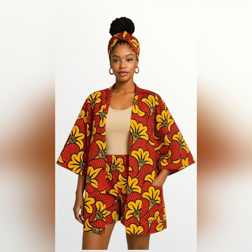 Vibrant Floral African Print Kimono Set